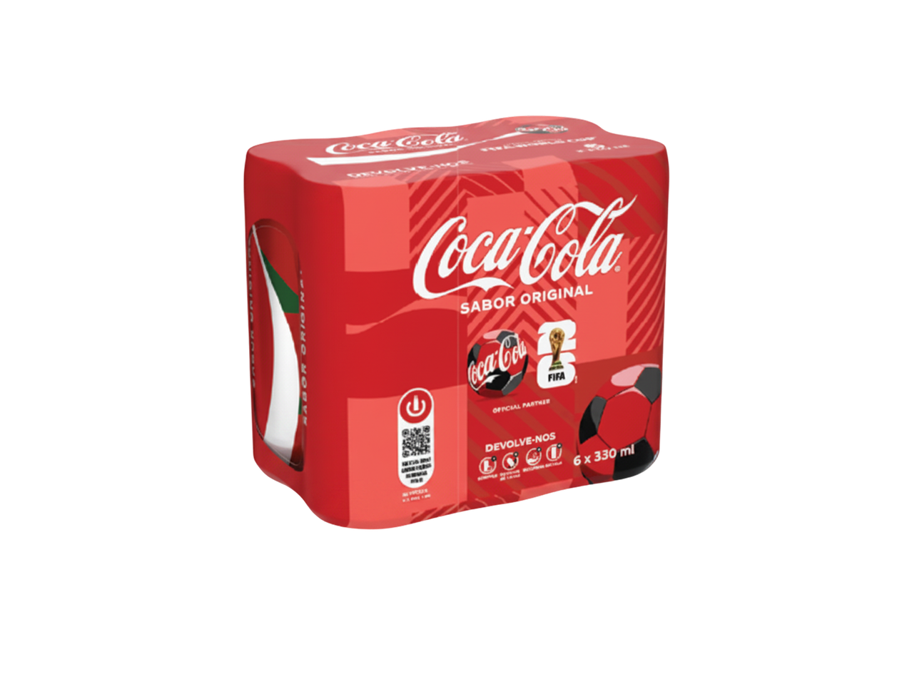 Pack de 6 latas de refrigerante de cola com tema de futebol, 330 ml cada.