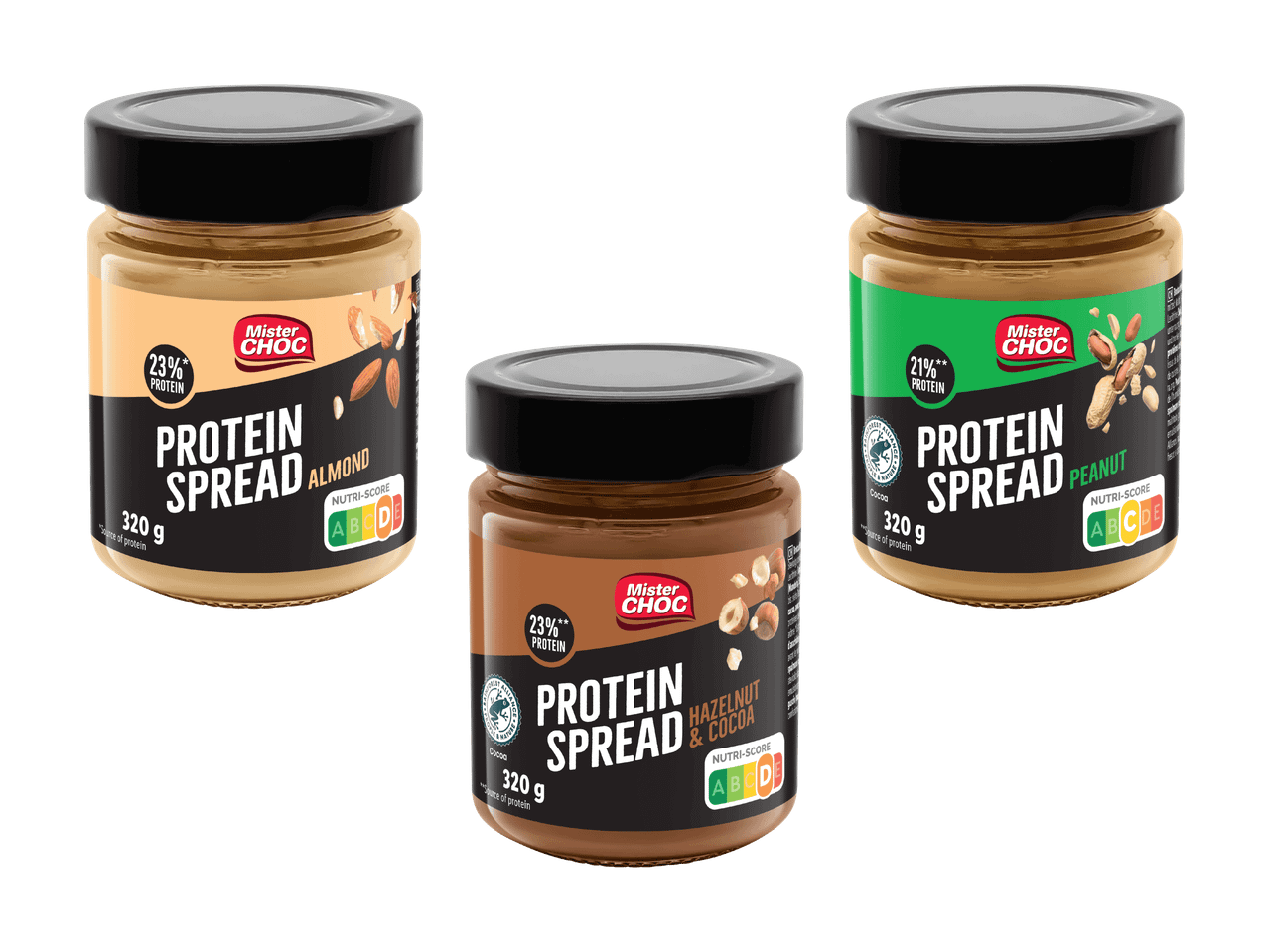 Tre vasetti di crema proteica spalmabile: mandorla, nocciola e cacao, e arachidi.