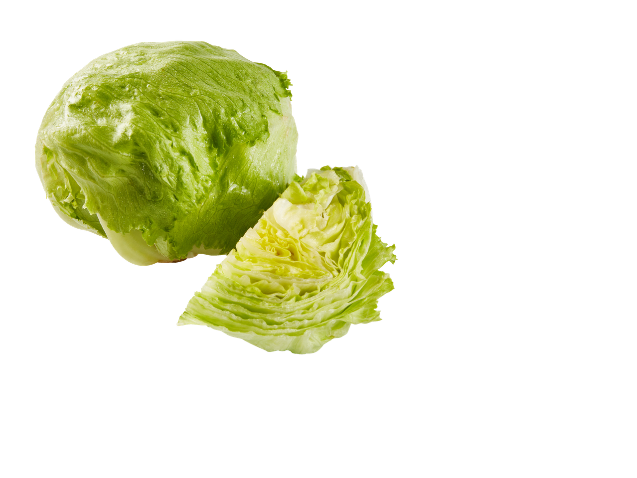 Terve jääsalat ja lõigatud tükk valgel taustal.