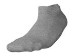 Single grey ankle sock, made of ribbed fabric, shown on a white background.