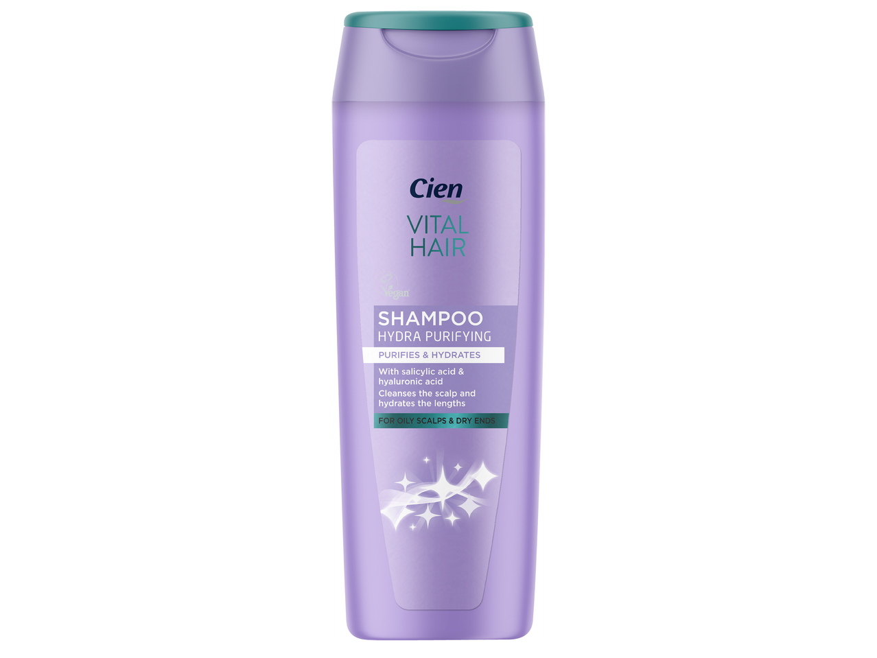 Лилав шампоан за коса с надпис 'Vital Hair Hydra Purifying', който пречиства и хидратира.