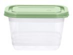 Clear rectangular food storage container with a light green lid.
