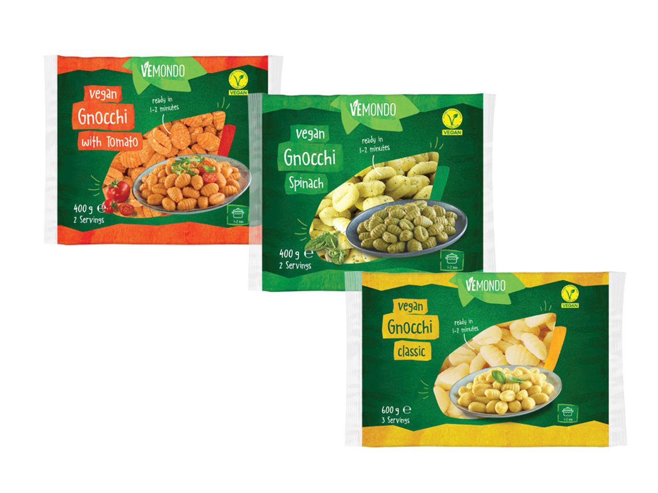 VEMONDO pakovanja veganskih njoka sa paradajzom, špinatom i klasičnih.