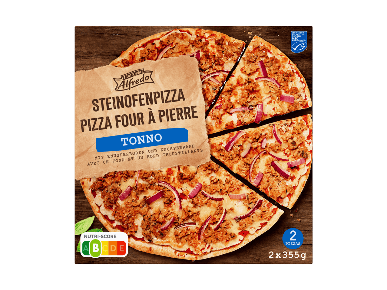 Pizza au thon cuite sur pierre avec des oignons rouges, Nutri-Score A, 2 pizzas de 355g.