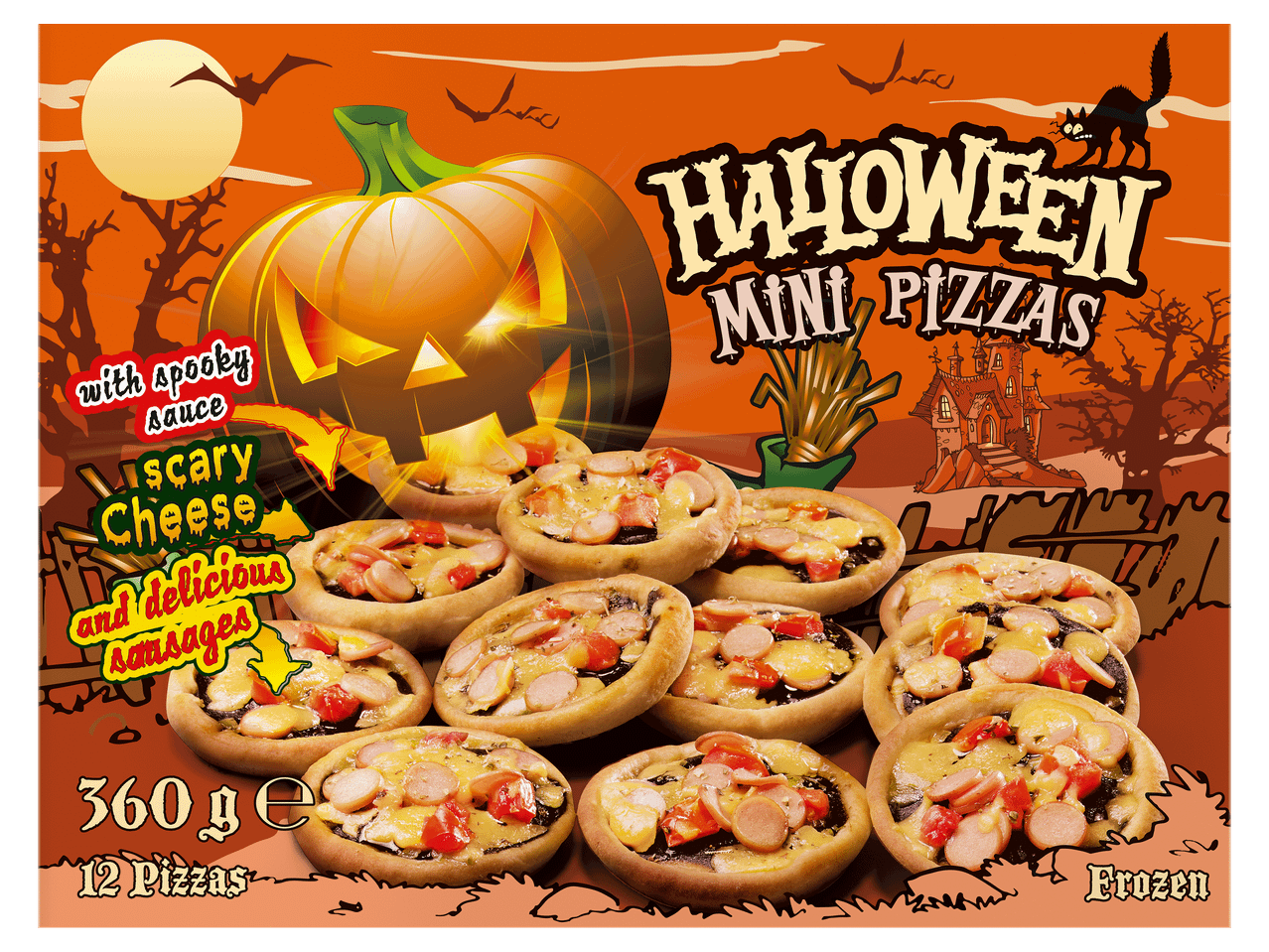 Halloween mini pizzák ijesztő sajttal és finom kolbásszal, 360 g-os kiszerelésben.