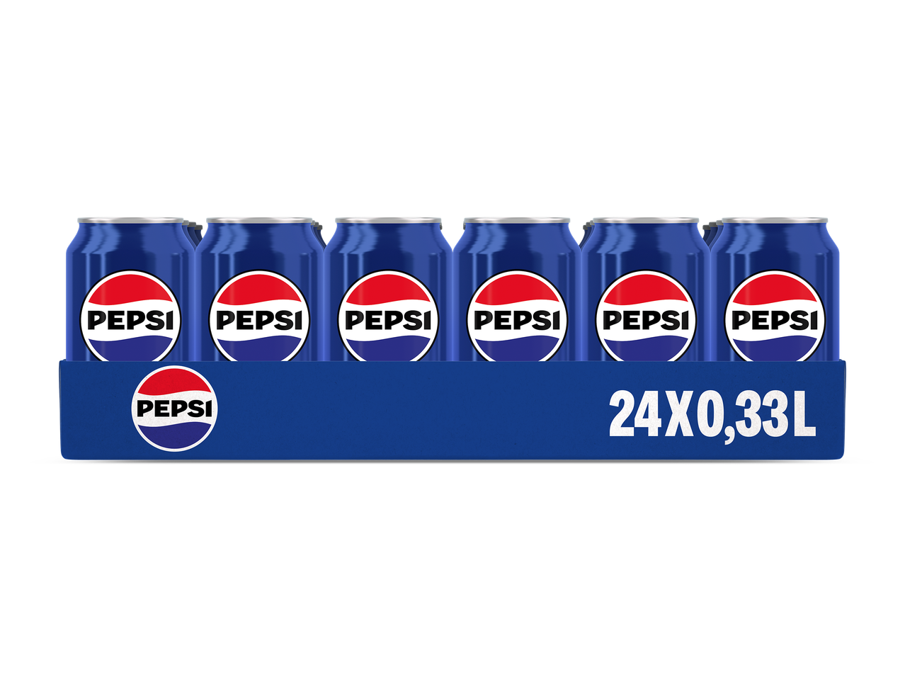 Kartonnen tray met 24 blikjes cola van 0,33 liter.