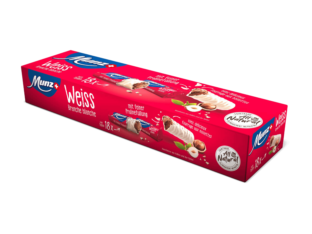 Schachtel mit weißen Schokoriegeln mit Pralinenfüllung und Haselnüssen, 18 Stück.