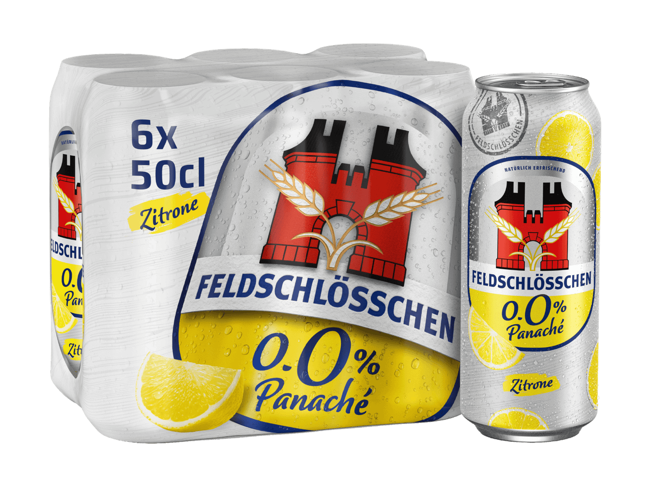 Pack de 6 canettes de boisson rafraîchissante sans alcool au citron, avec une canette individuelle à côté.