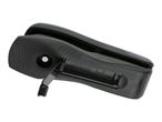 A black, handheld stapler with a textured grip is shown open, revealing the staple compartment.