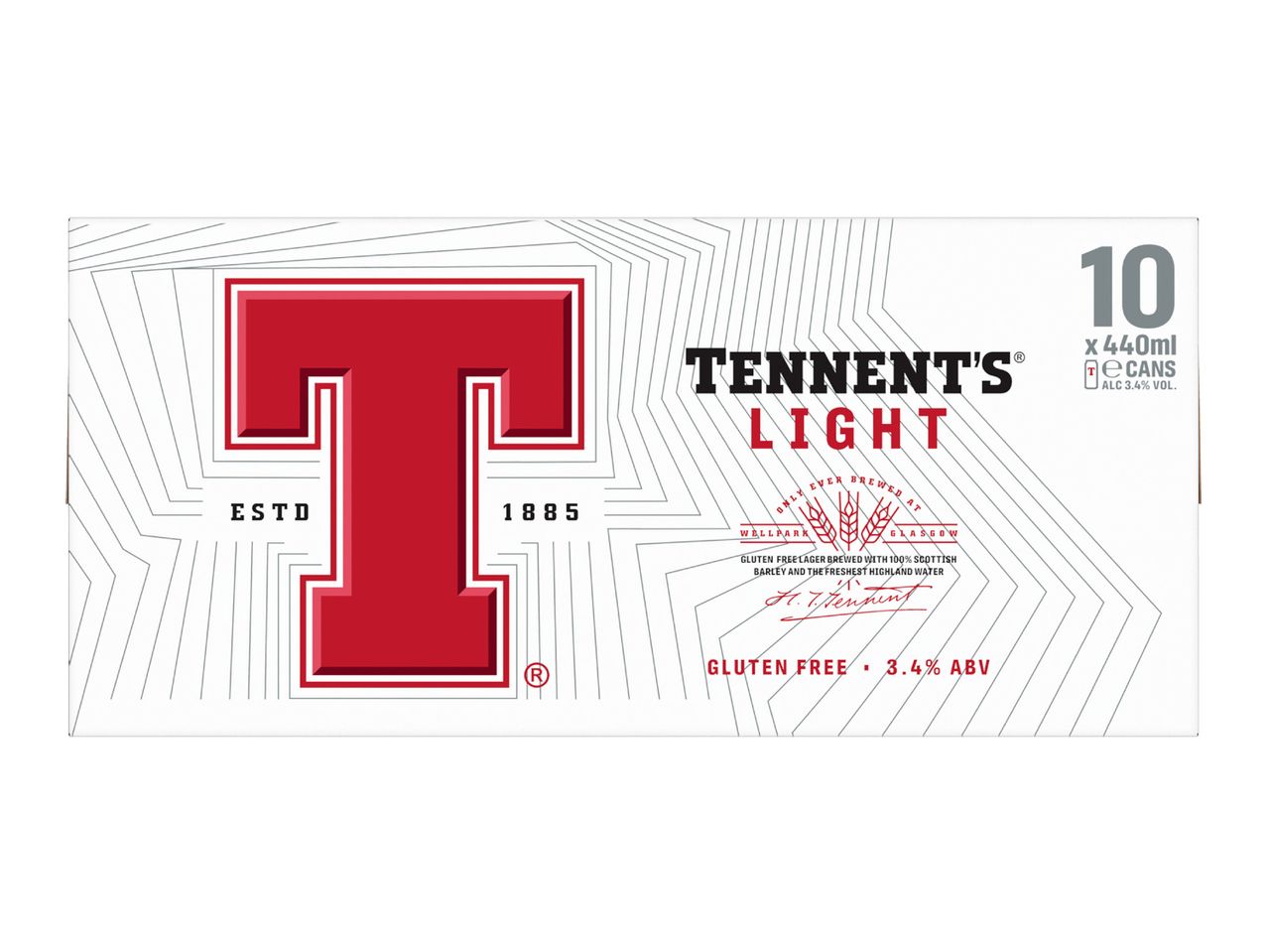 Pack of 10 light lager cans, 440ml each, 3.4% ABV, gluten-free.