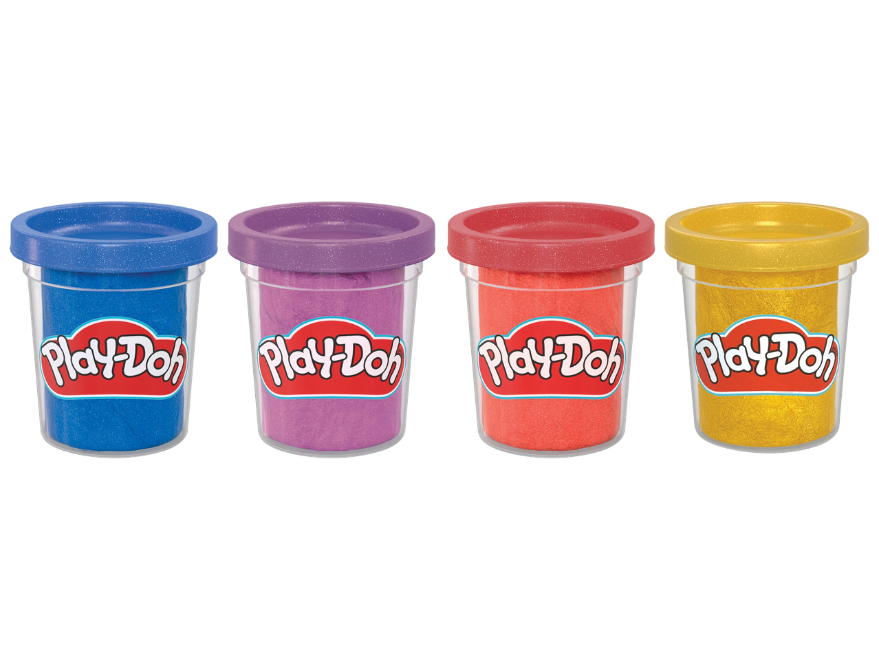 Quatre pots de pâte à modeler de couleurs différentes : bleu, violet, rouge et or.