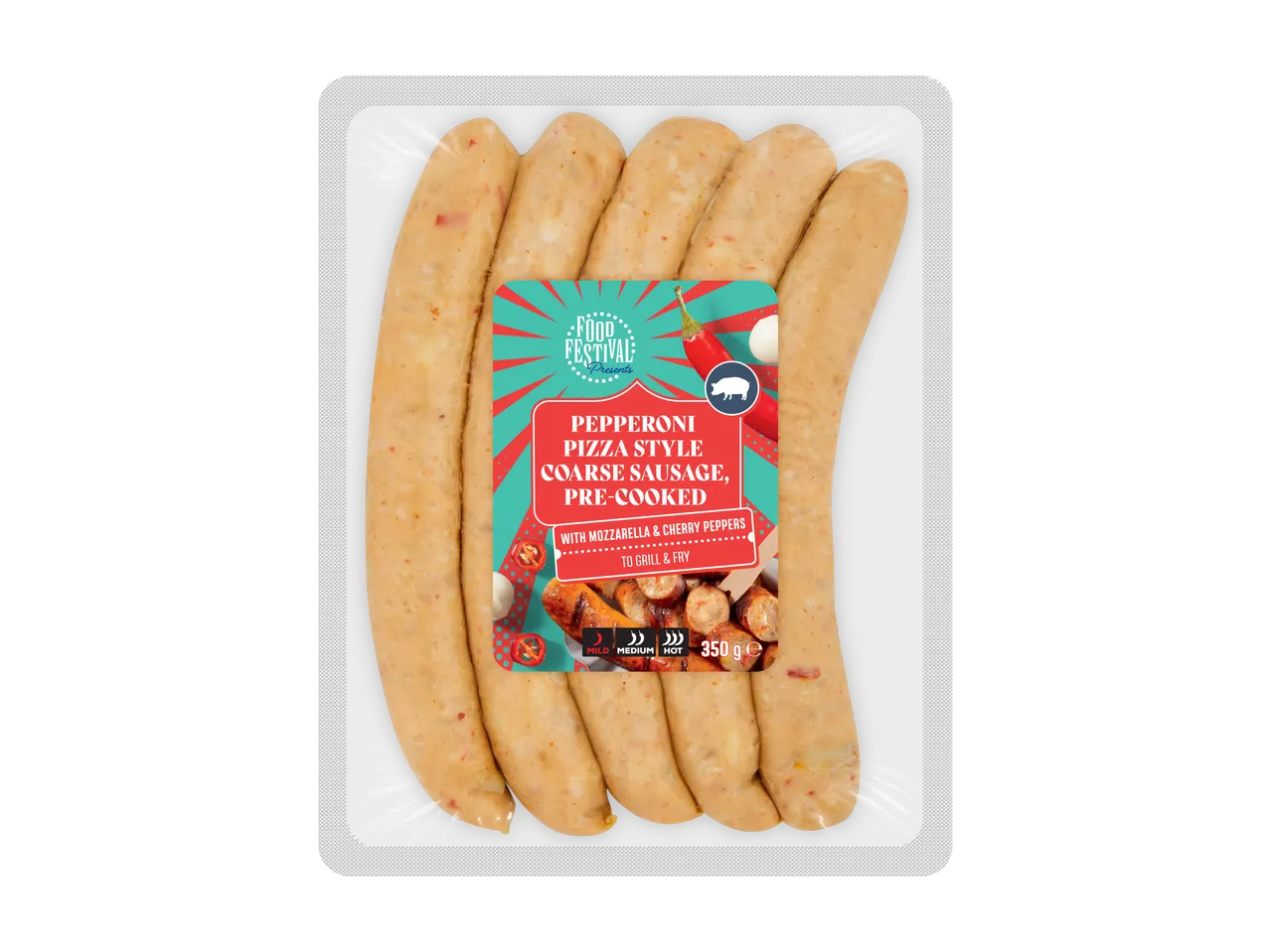 Verpakking grove worstjes met pepperoni-pizzasmaak, mozzarella en kersenpepers.