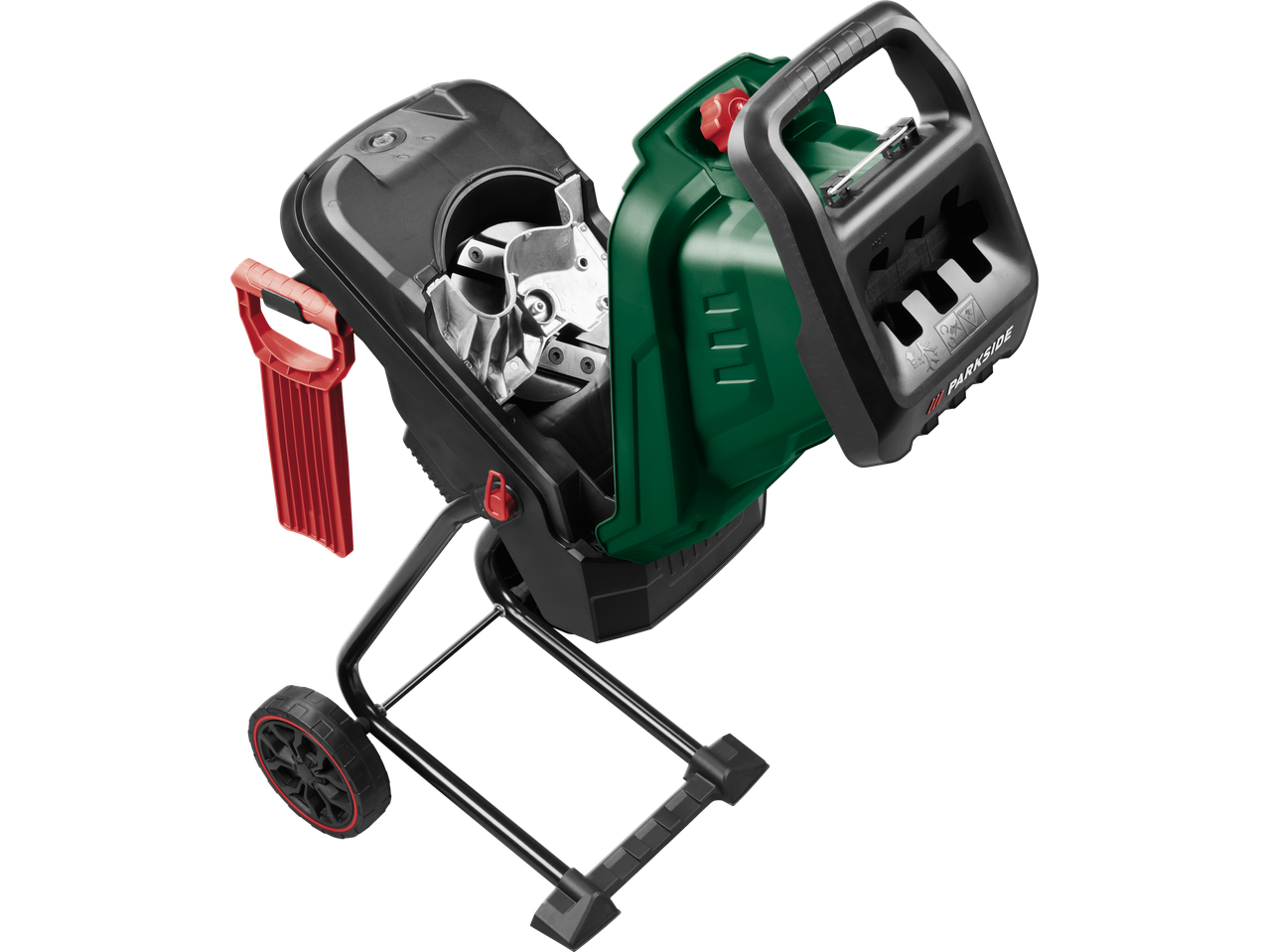 Izjaukts dārza smalcinātājs ar zaļi melnu korpusu un sarkanu stūmēju.