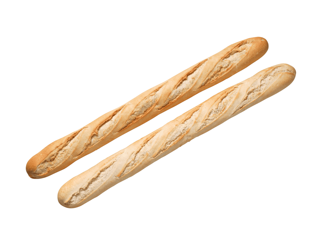 Divas svaigas, kraukšķīgas bagetes uz melna fona.