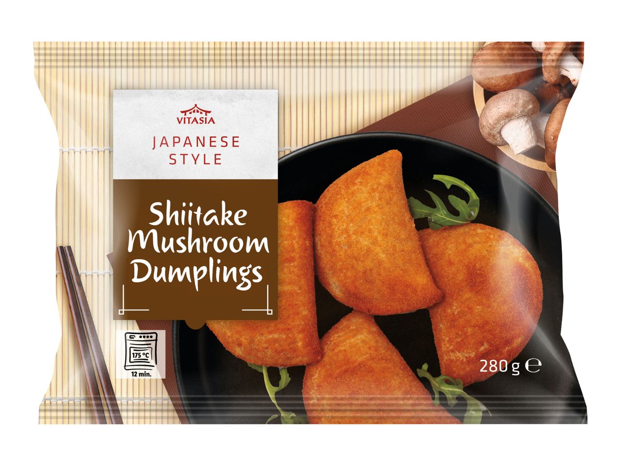 Japanese style shiitake mushroom dumplings, 280g, with cooking instructions.