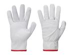 Two white leather work gloves with red cuffs, one showing the palm and the other the back.