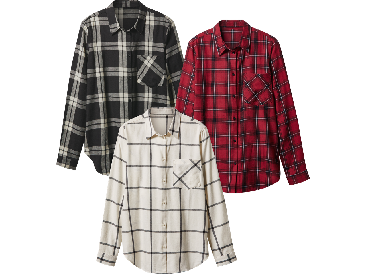 Tre rutiga flanellskjortor i svart, rött och vitt.