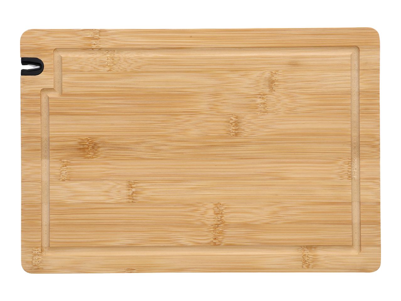 Bamboo cutting board with a juice groove and a black silicone corner for stability.