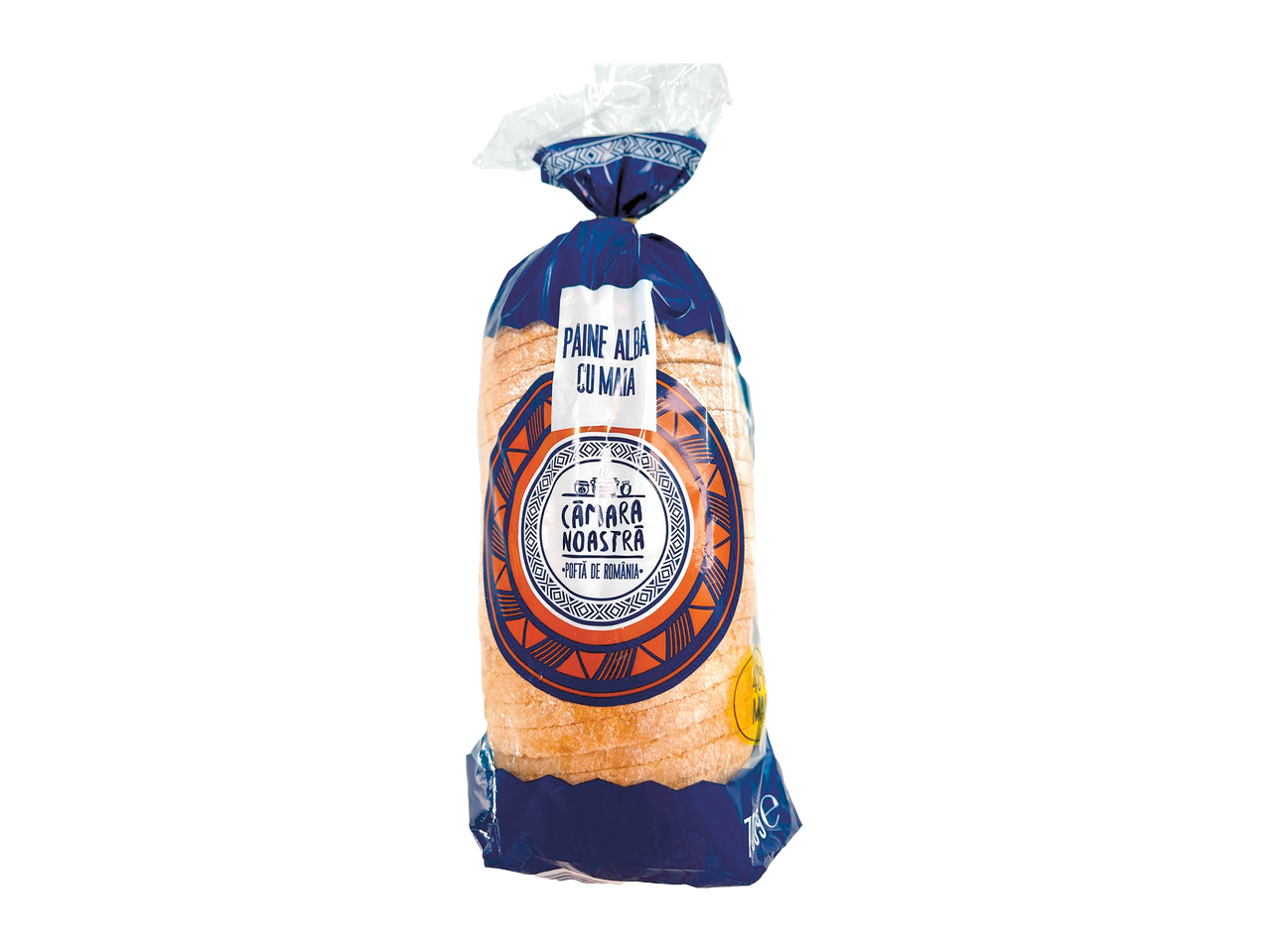 Pâine albă feliată, ambalată într-o pungă de plastic albastră, cu etichetă circulară.