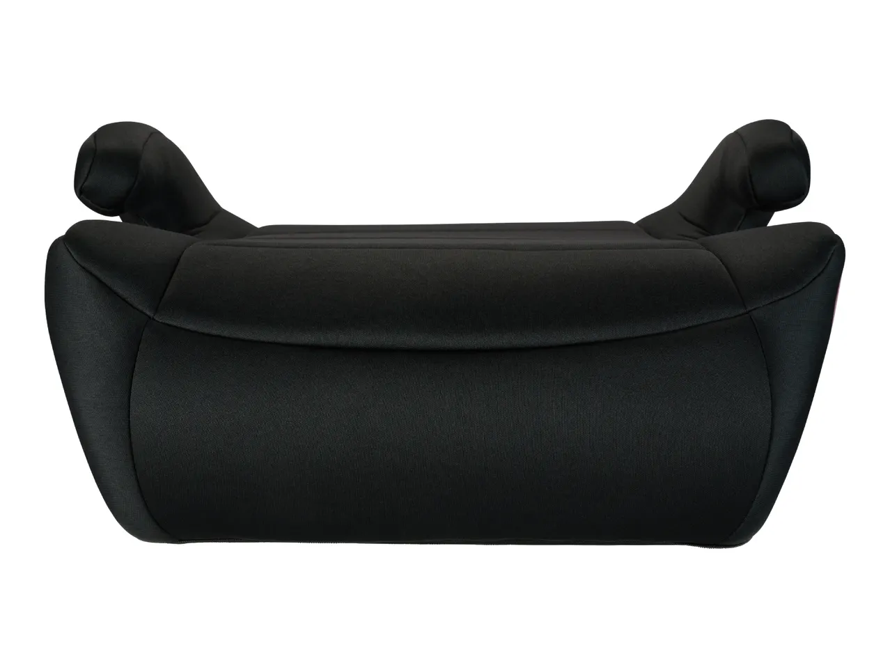 Black car booster seat with armrests, top-down view.