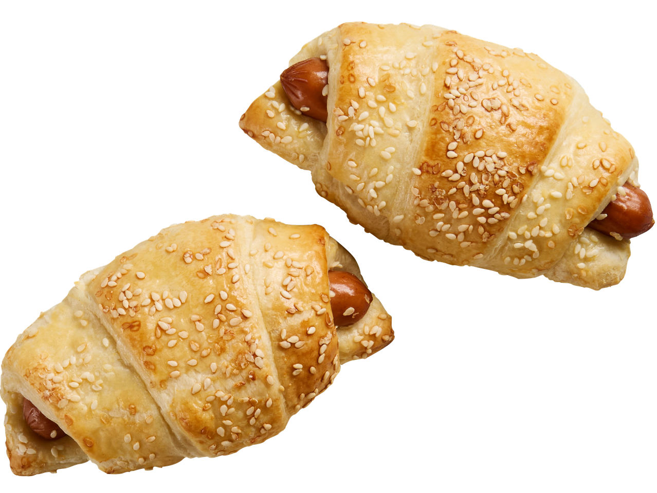 Två mini-korvar i smördegsbullar, ströda med sesamfrön.