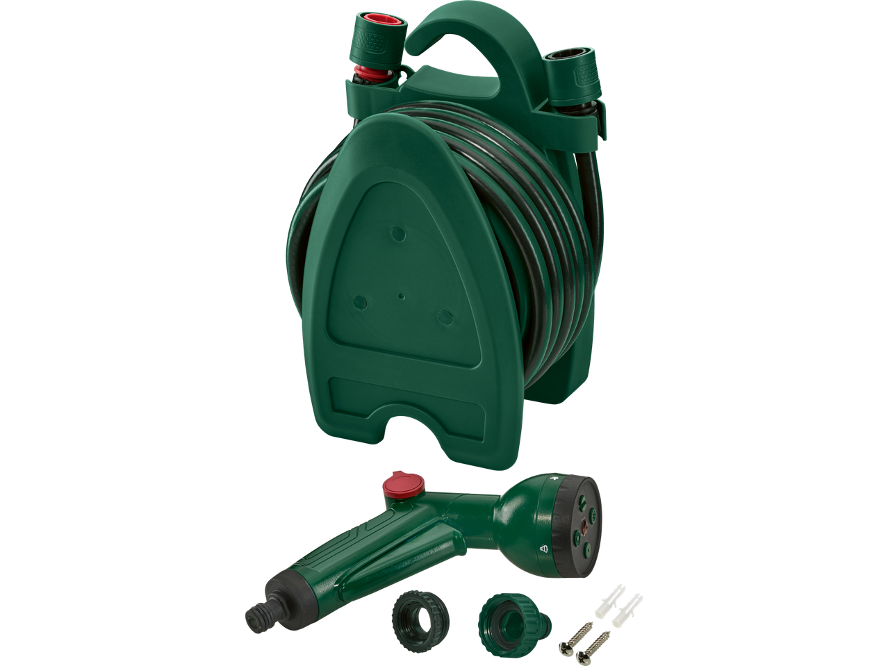 Gardena šļūtenes spole ar smidzinātāju un piederumiem.