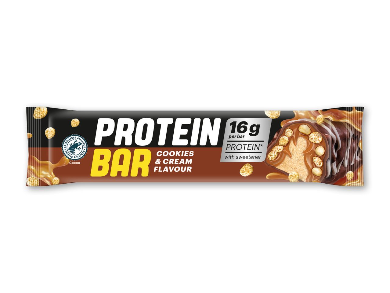 En proteinbar med cookies & cream smag, 16g protein pr. bar.