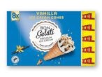 Pakke med 8 vaniljeisvafler med chokolade og nødder, mærket 'XXL' og 'Premium Ice Cream'.