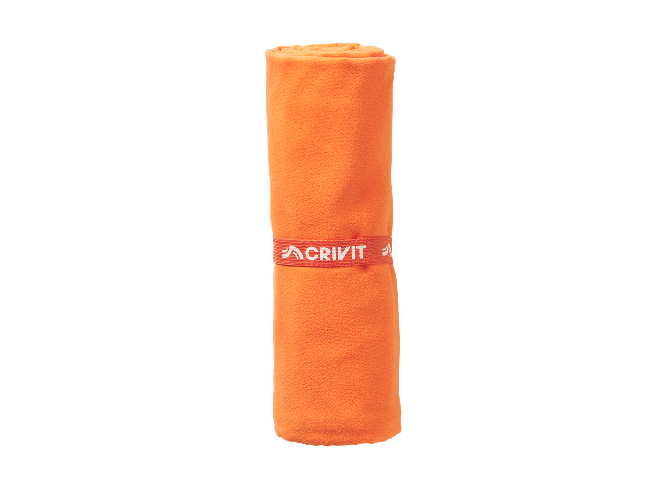 Toalha desportiva laranja enrolada com uma faixa elástica branca e vermelha.