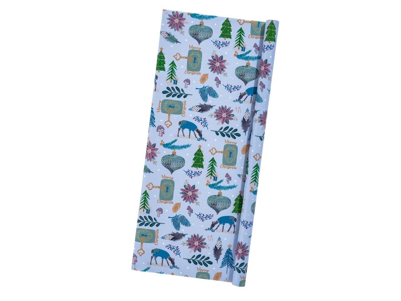 Crelando wrapping paper with Christmas-themed patterns including deer and trees.
