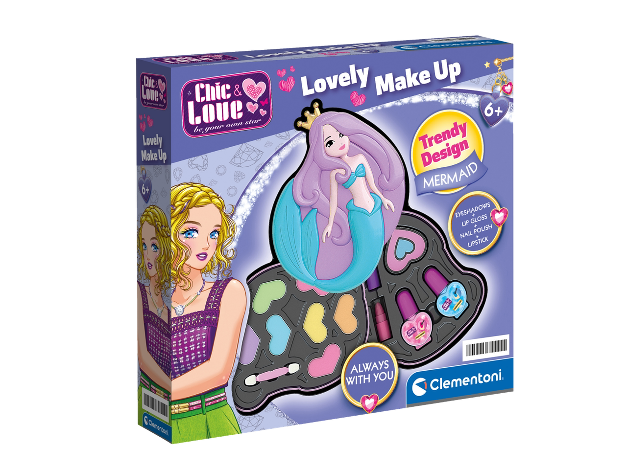 Clementoni Chic & Love meigikomplekt merineitsi teemaga, sisaldab lauvärve, huuleläiget, küünelakki ja huulepulka.