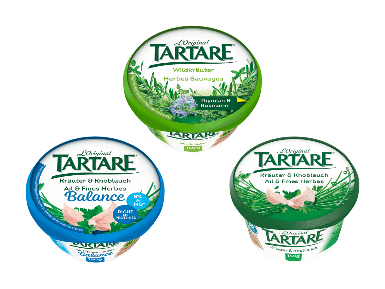 Drei Packungen Frischkäse mit Kräutern und Knoblauch in verschiedenen Varianten.