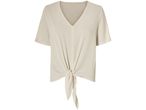 Camicia beige con nodo frontale, maniche corte.