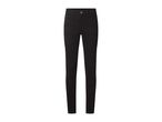 Black skinny jeans for women, featuring a button and zipper closure, and front and back pockets.
