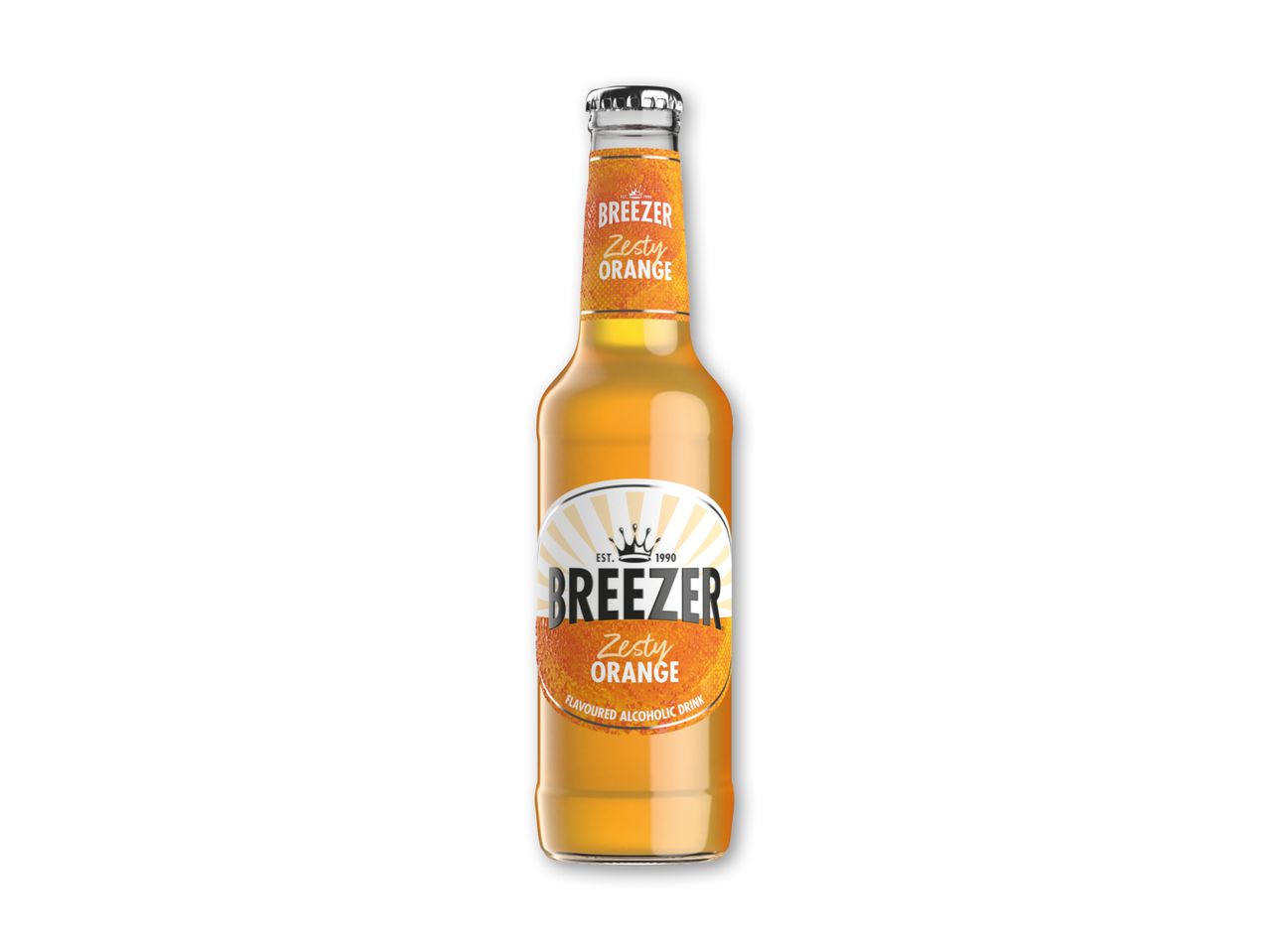 En flaske med orangefarvet alkoholisk drik, mærket 'Zesty Orange'.