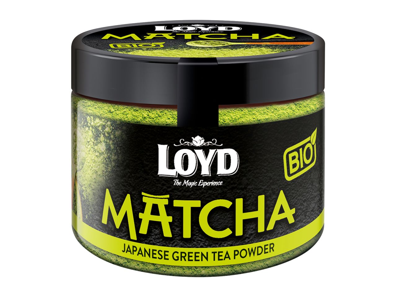 Matcha Japanese green tea powder in a black and green container with a spoon graphic.