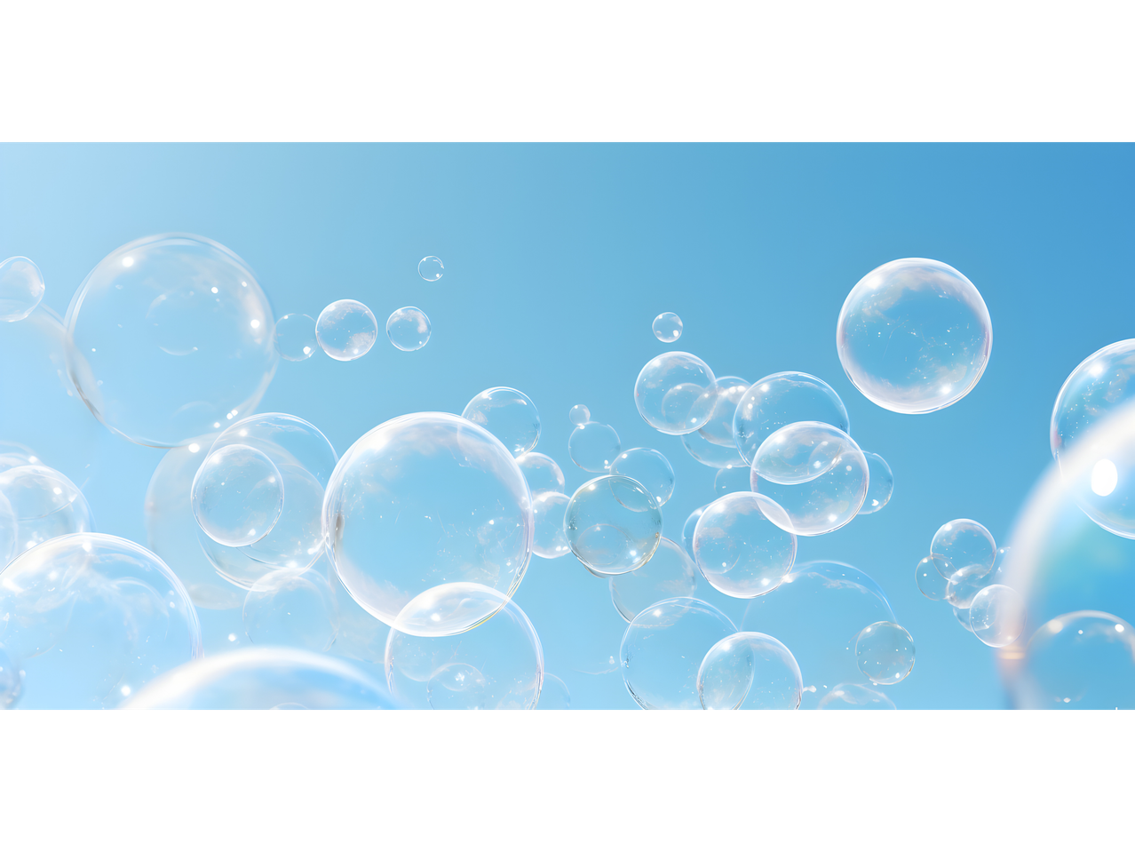 De nombreuses bulles de savon claires flottent sur un ciel bleu vif, évoquant la propreté.