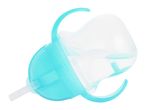 Aqua blue baby sippy cup with handles and a straw, filled with water.