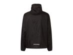 Black waterproof jacket with a hood and a reflective strip on the back.
