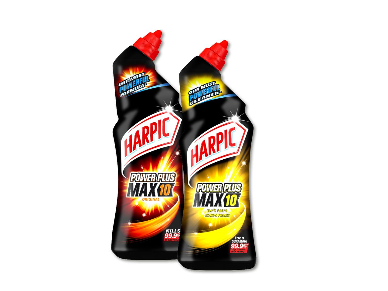 Divi Harpic Power Plus Max10 tīrīšanas līdzekļu pudeles.