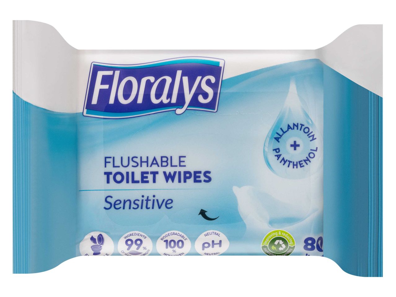 Floraly's érzékeny bőrre való, öblíthető toalettpapír nedves törlőkendő.