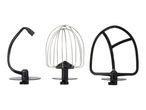 Three black and silver stand mixer attachments on a white background