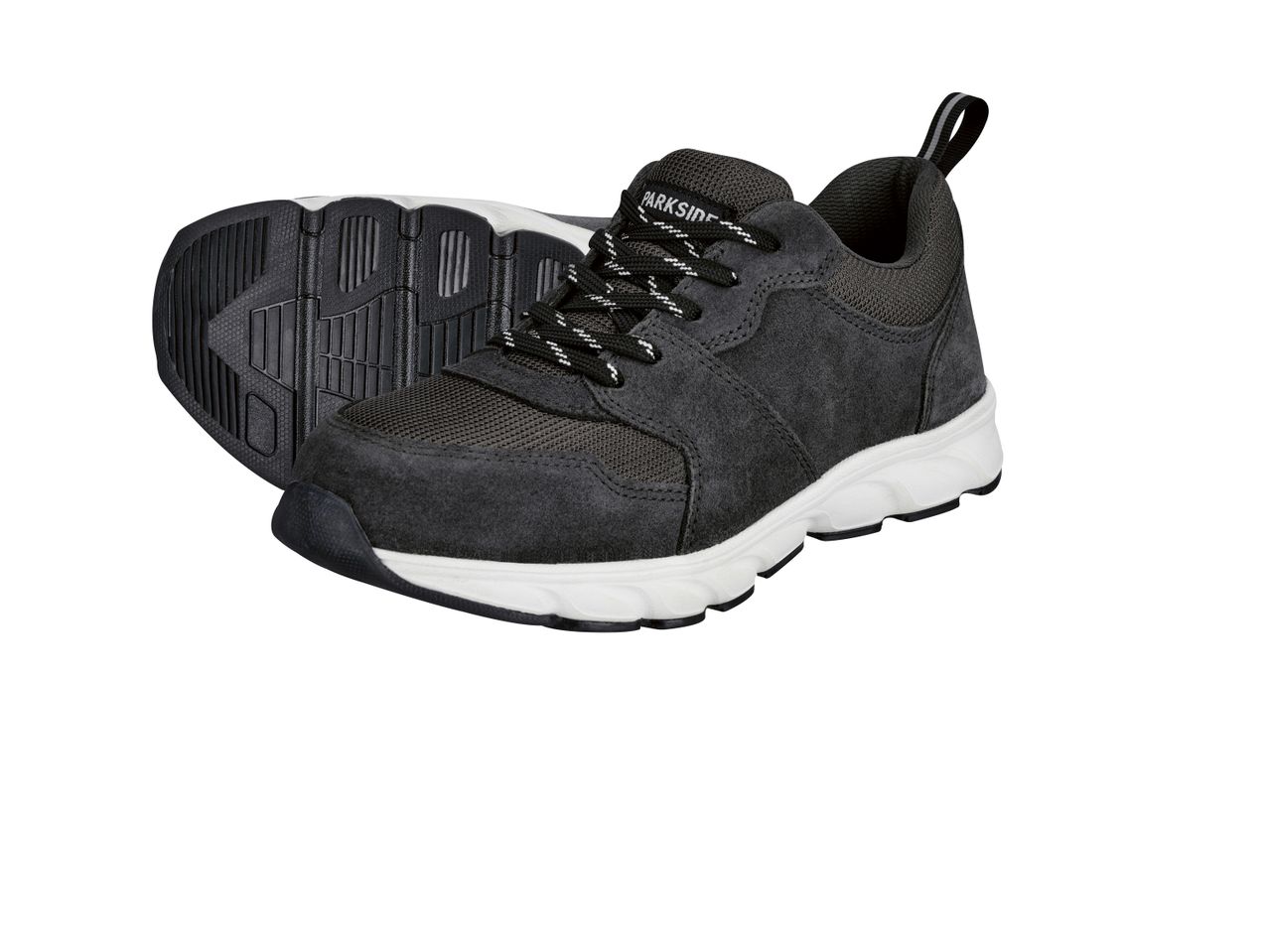 A pair of black and white Parkside safety shoes with a textured sole.