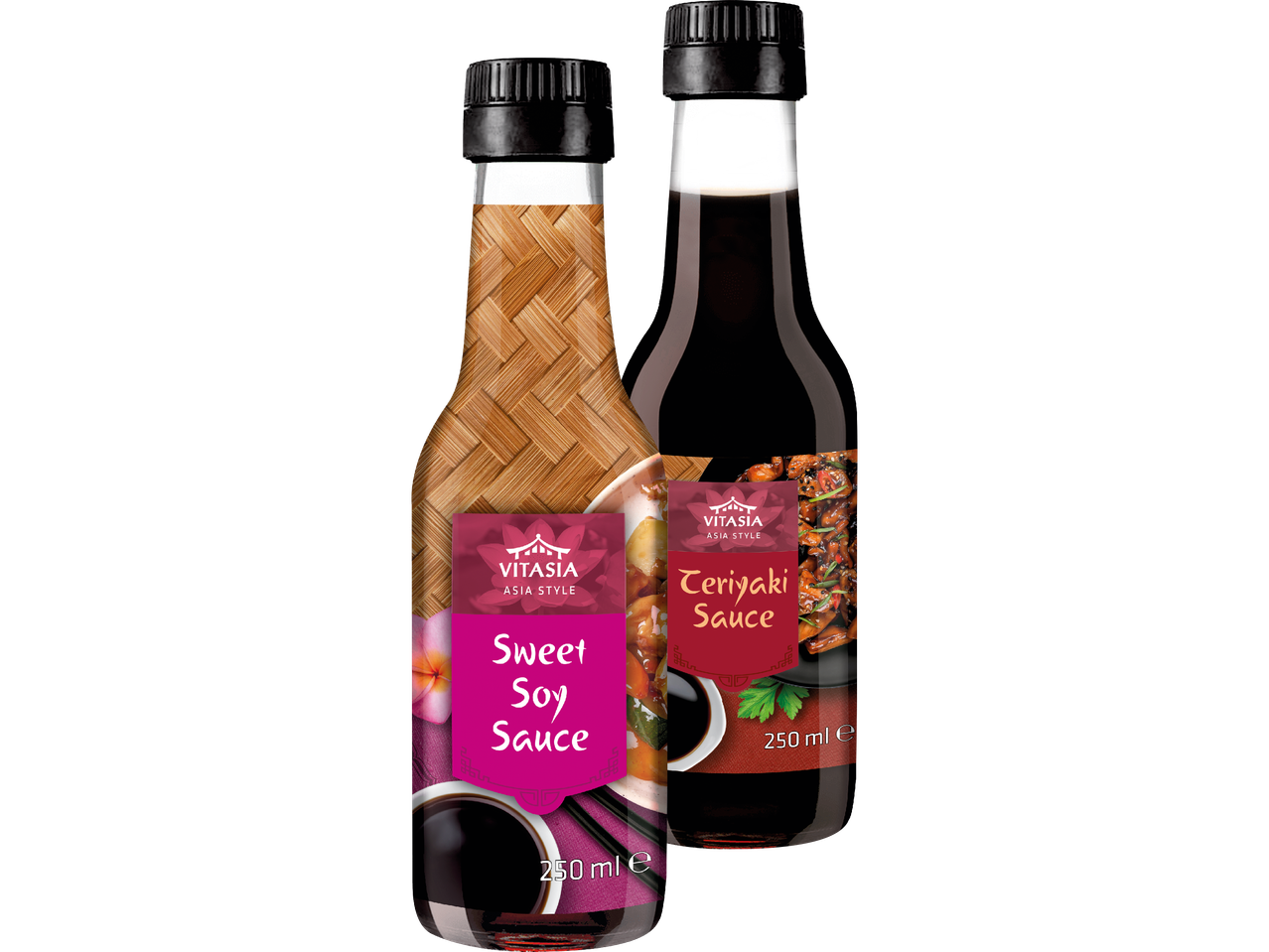 Två flaskor Vitasia såser: söt sojasås och teriyaki sås.