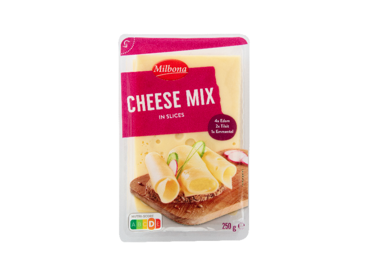 Pakiranje miješanog sira u listićima, uključujući Edam, Tilsit i Emmental, s Nutri-Score oznakom.