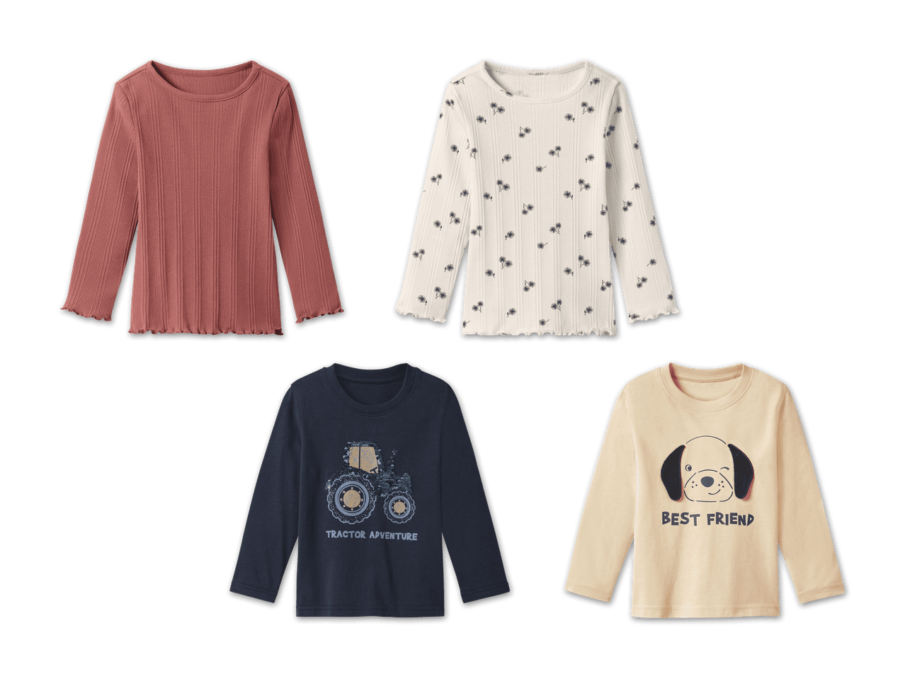 Vier Langarmshirts für Kinder: zwei gerippte Shirts (eines rosa, eines cremefarben mit Blumenmuster) und zwei bedruckte Shirts (eines dunkelblau mit Traktor, eines beige mit Hund).