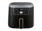 Black air fryer with digital display showing 200°C and cooking functions.