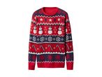 Red and blue Christmas sweater with snowmen, snowflakes, and candy canes