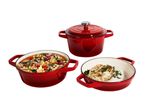 Three red cast iron pots, one with a lid, one with chickpea stew, and one with roasted cauliflower.