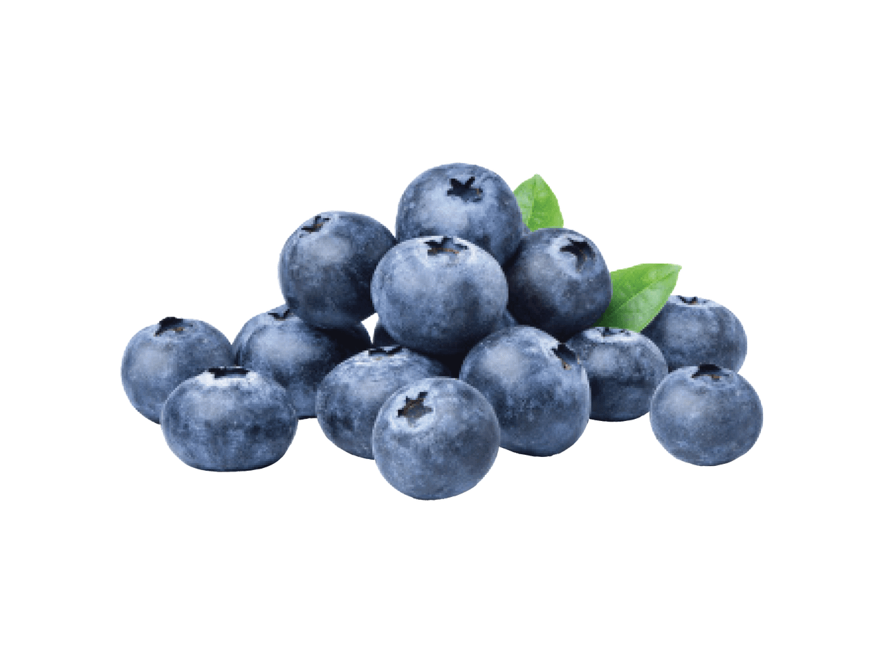 Kuhjatud mustikad roheliste lehtedega mustal taustal.